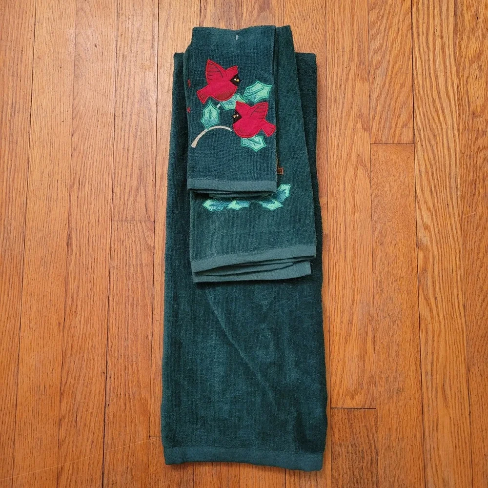 Cecil Saydah 3pc Towel Set Green Embroidered Cardinal Birdhouse Winter Nature